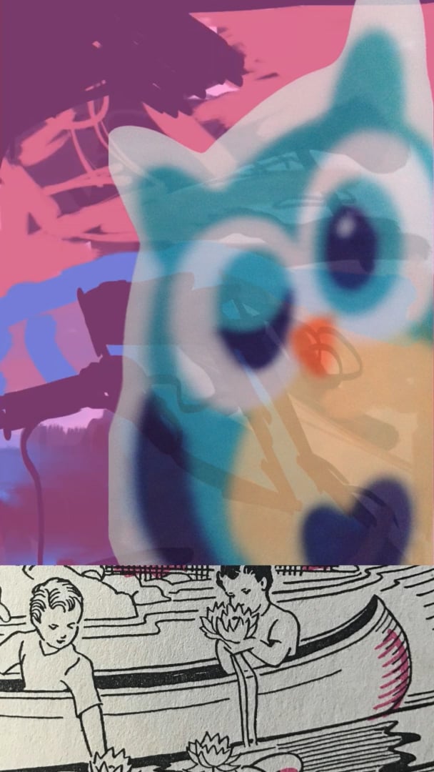 Soft toy‑like owl over purple brushstrokes; vintage canoe illustration below.