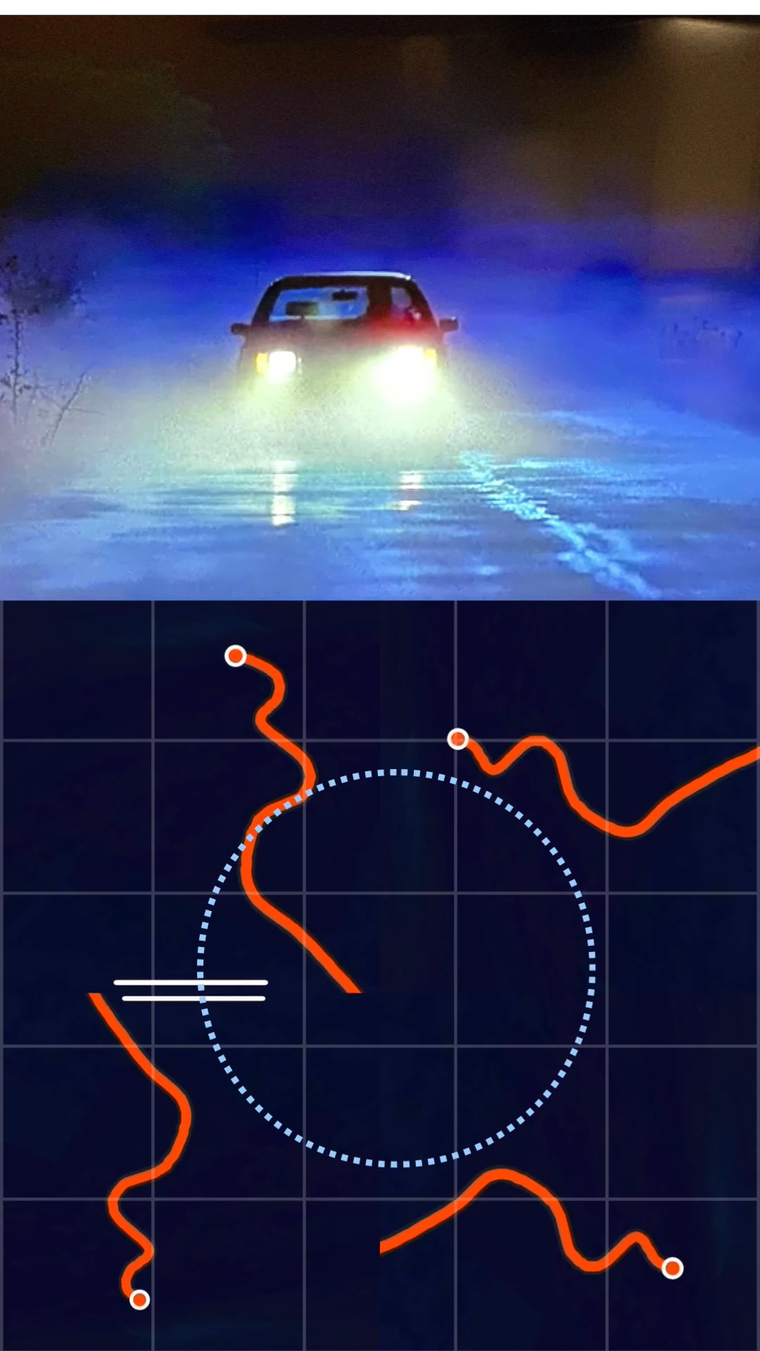 A car with headlights on a foggy road and an abstract diagram with orange traces.