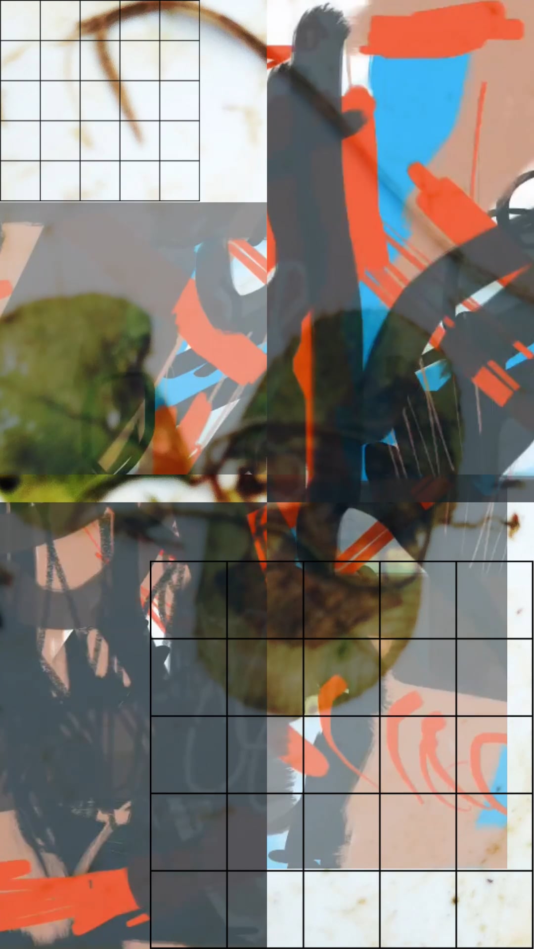 A layered abstract artwork combining plant leaves, colorful brushstrokes, and a black grid.