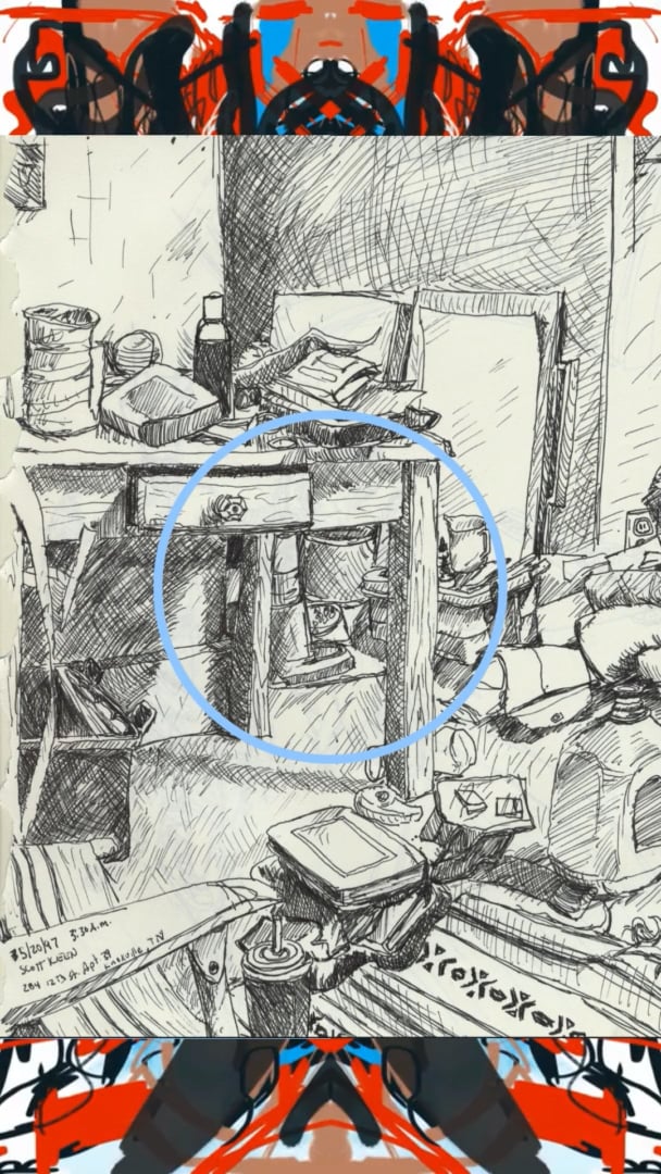 Pen sketch of cluttered studio; blue circled area highlights space under table.