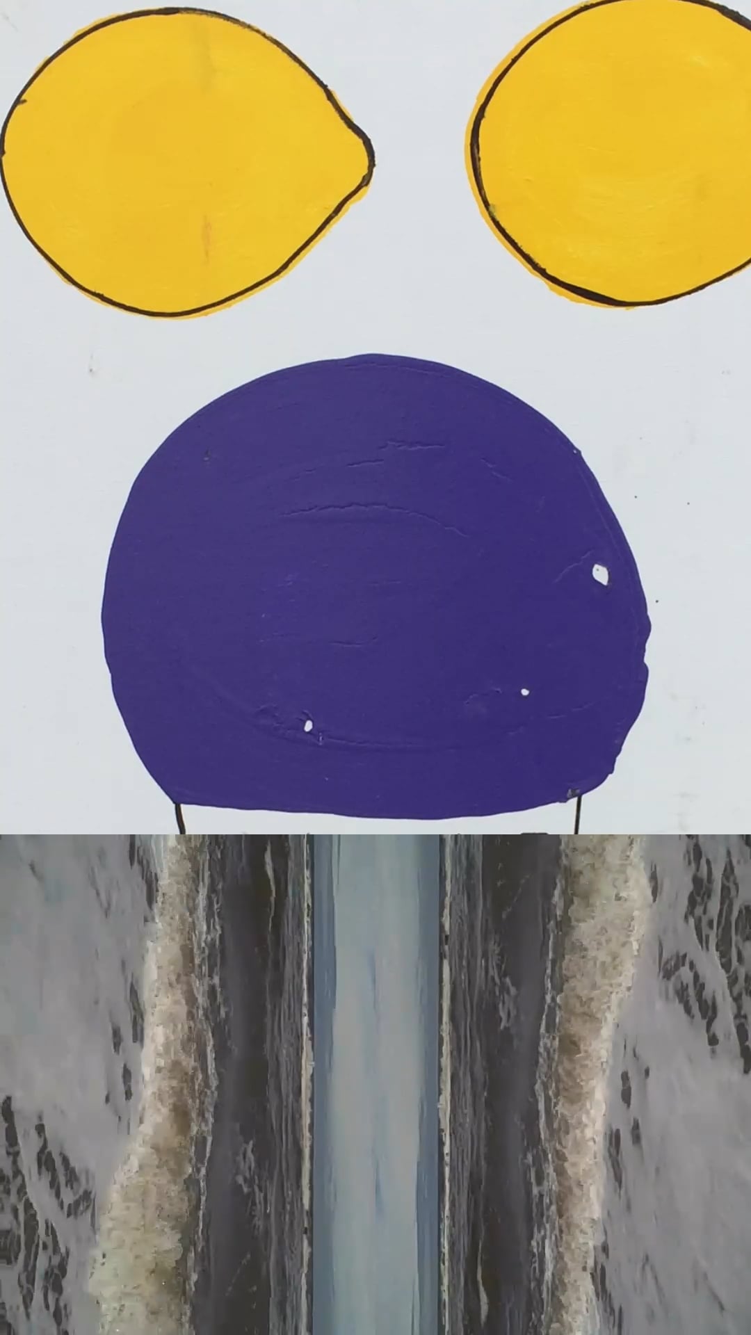 A painted sign showing purple shaved ice with yellow circles around it.