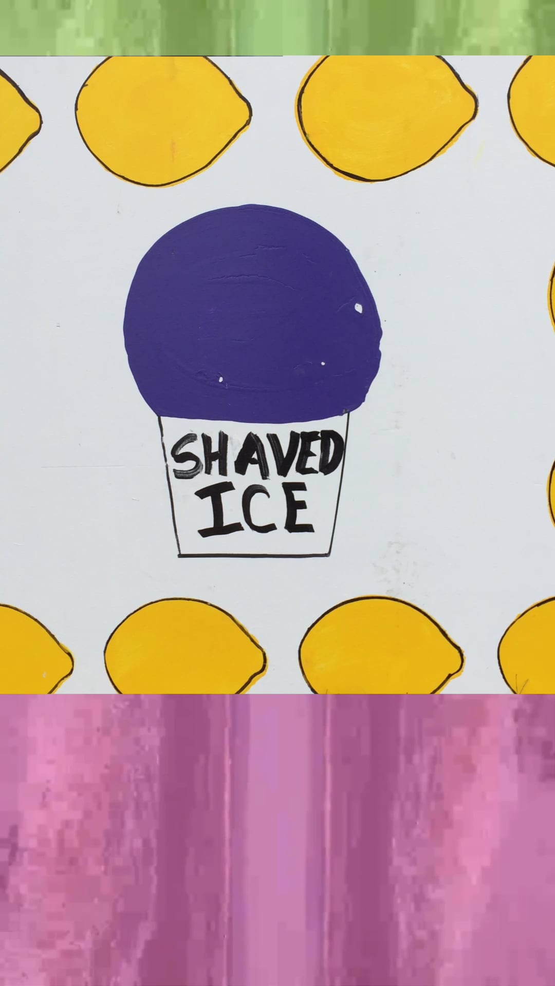 A painted purple shaved ice illustration with yellow circles above and ocean waves below.