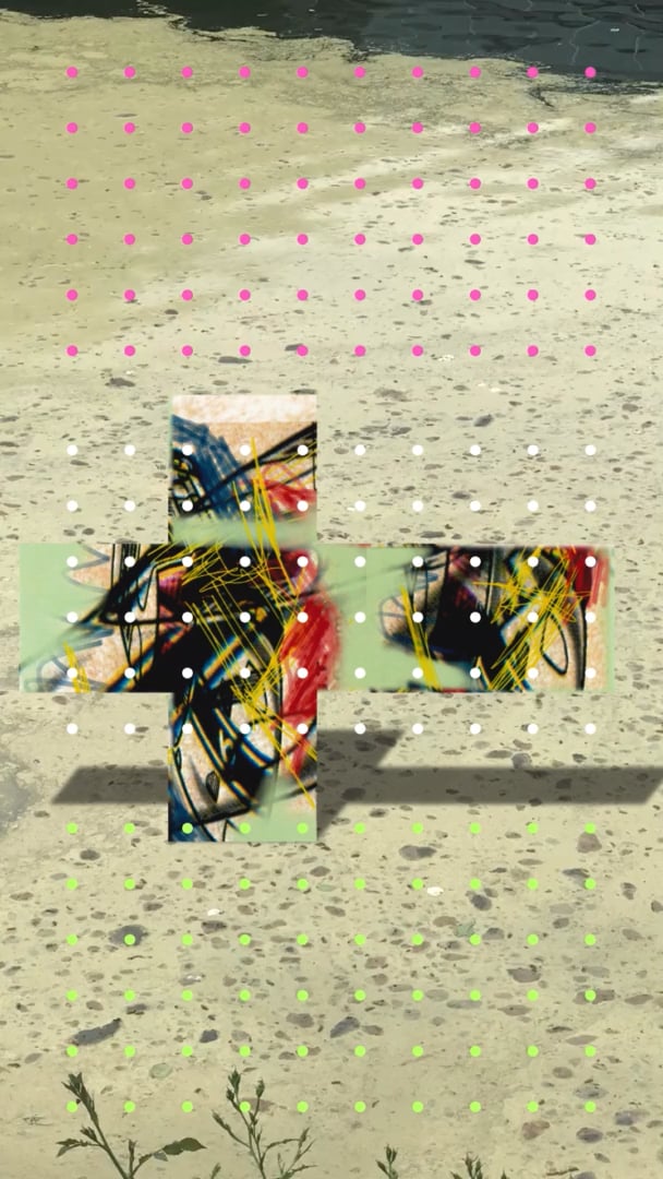 A cross-shaped collage of abstract brushstrokes overlaid on pavement with rows of colorful dots.