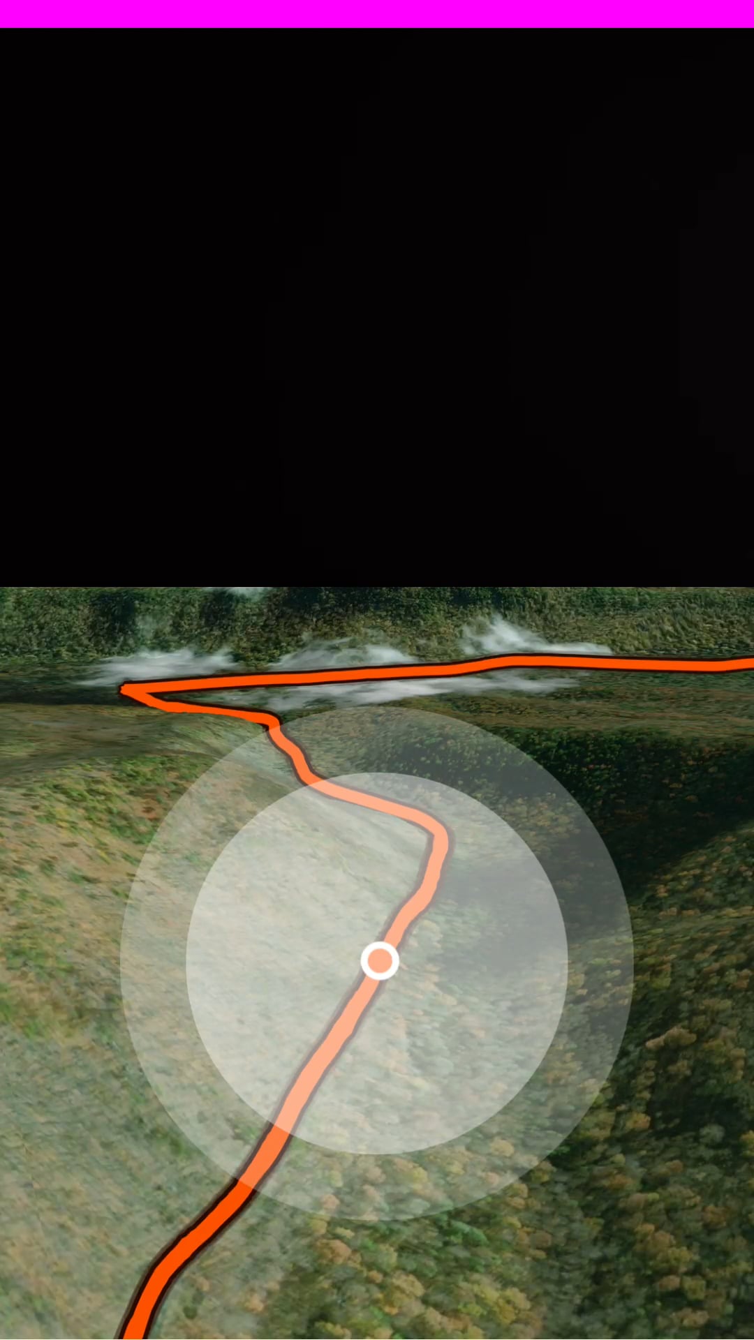 A 3D map view with an orange trail line cutting through snowy green hills.
