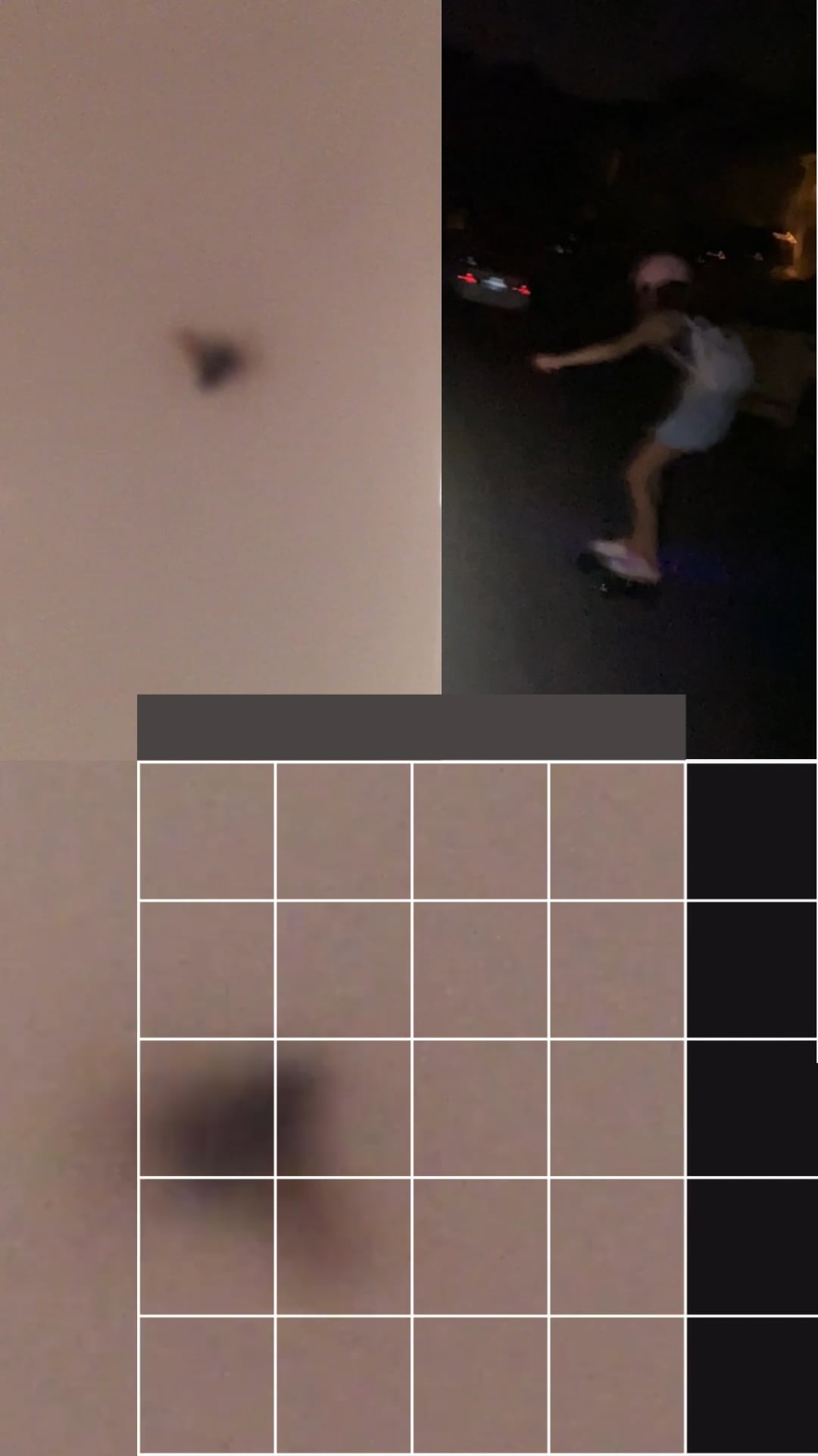 A skateboarder rides at night with a grid overlay and blurred dark background.