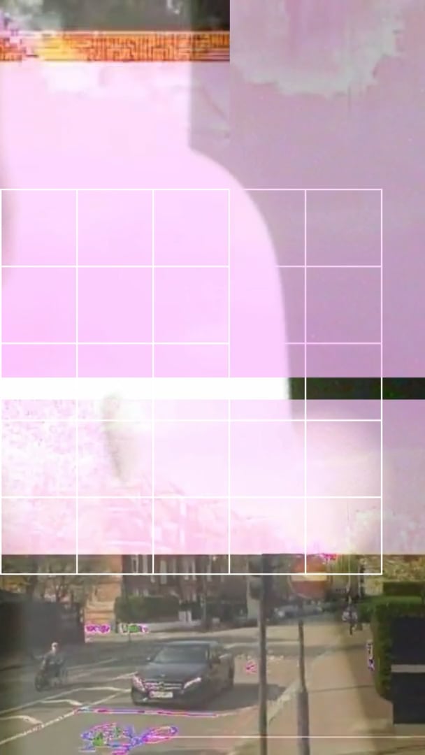 A woman walking past a brick wall appears with glitch stripes above a cartoon of a person meditating.