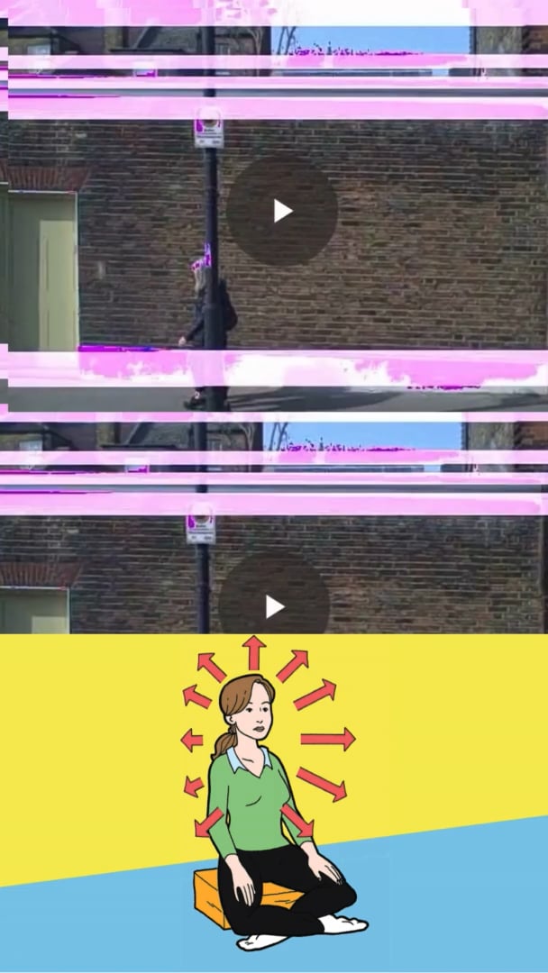 A city street view distorted with pink glitch stripes and overlaid with a white grid.