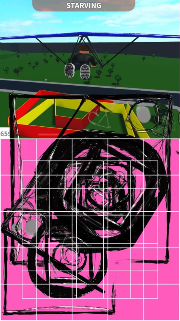 A video game figure flies a hang glider above green fields with bold black scribbles and a pink grid below.