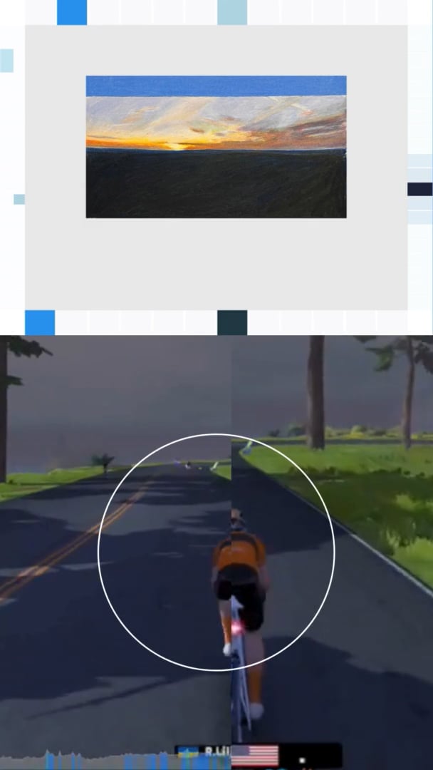 Small sunset painting above split-screen Zwift rider framed by rectangles.
