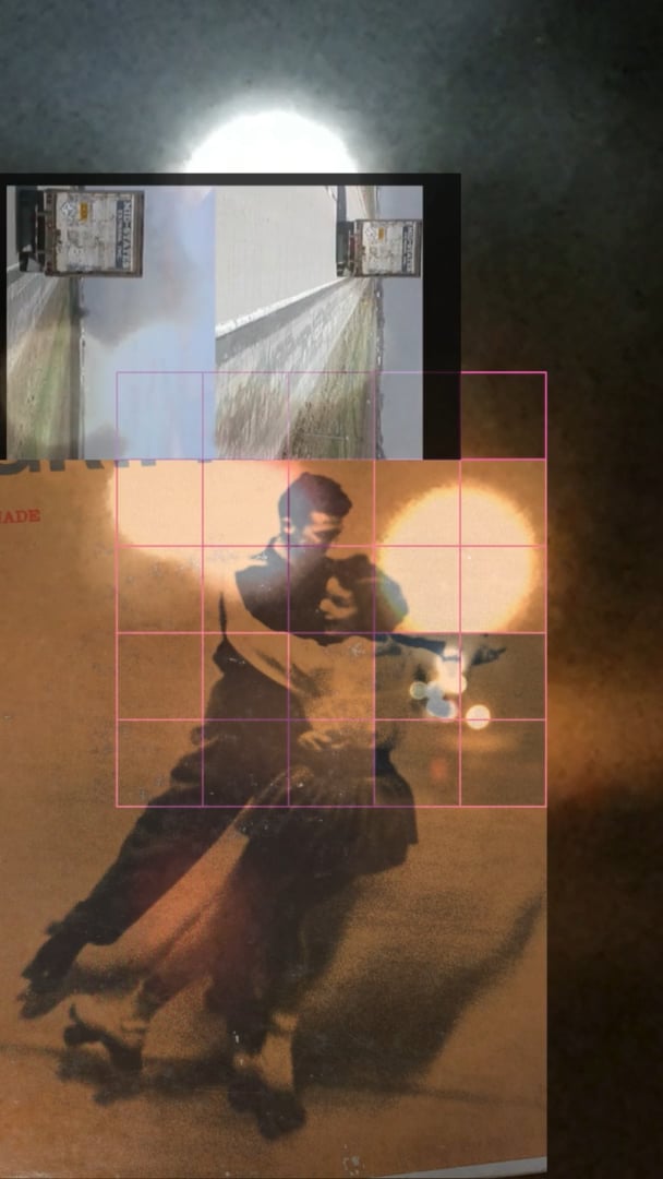 Sepia roller-skating couple under pink grid; small truck frames at top.