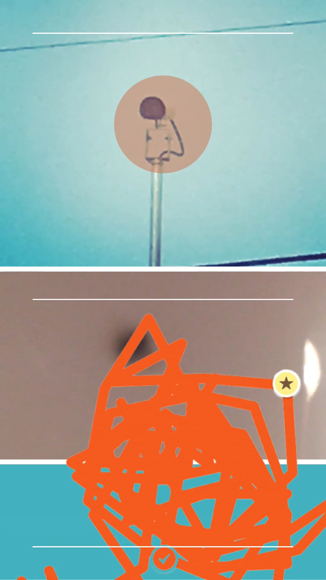 A small stick figure in a circle above an orange scribbled path with a star marker.