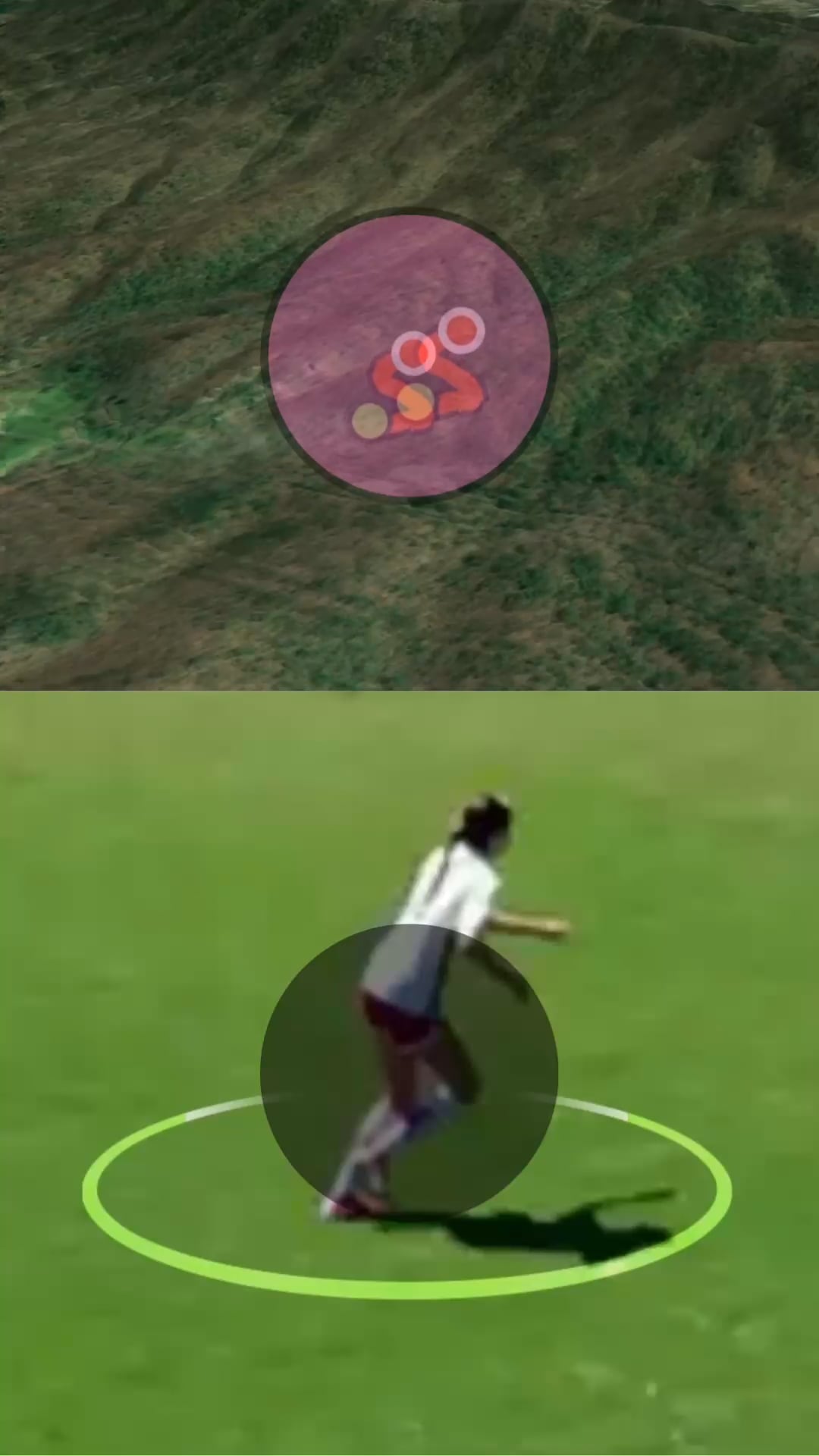A mountain map with circular overlays on orange trail lines, paired with a soccer player in motion.