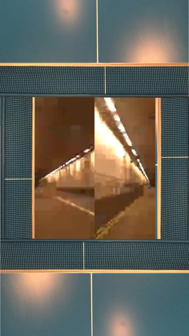 Mirrored low-res tunnel photos inset within tennis net textures and lights.