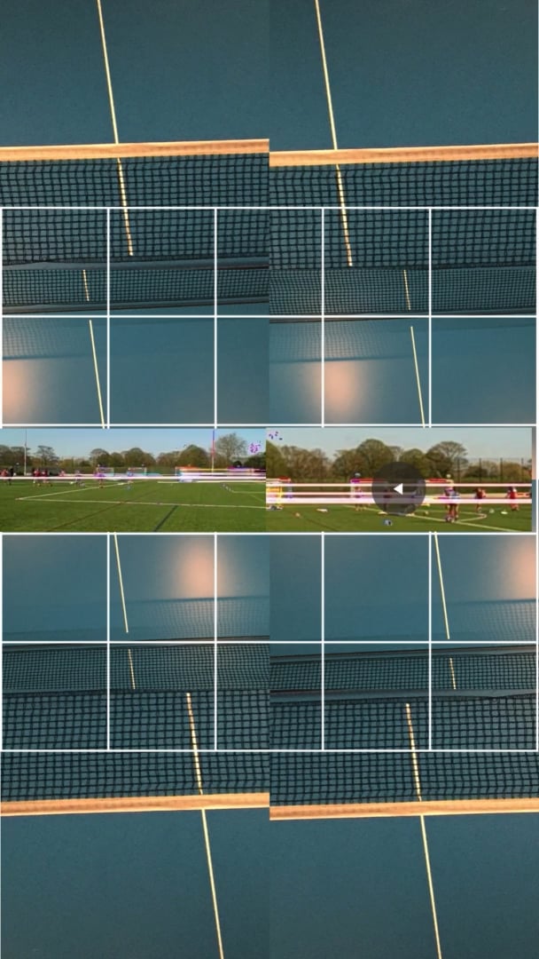 Grid overlays of a tennis net and table blended with a sports pitch scene distorted by pink glitch bands.