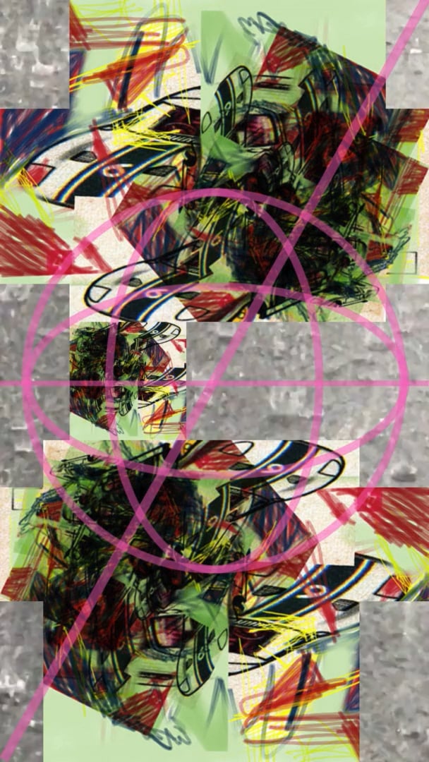 Kaleidoscopic aircraft and scribbles with intersecting pink target circles on gray.