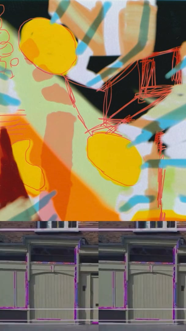 Bright abstract painting with orange and yellow circles above a split image of houses with glitch outlines.