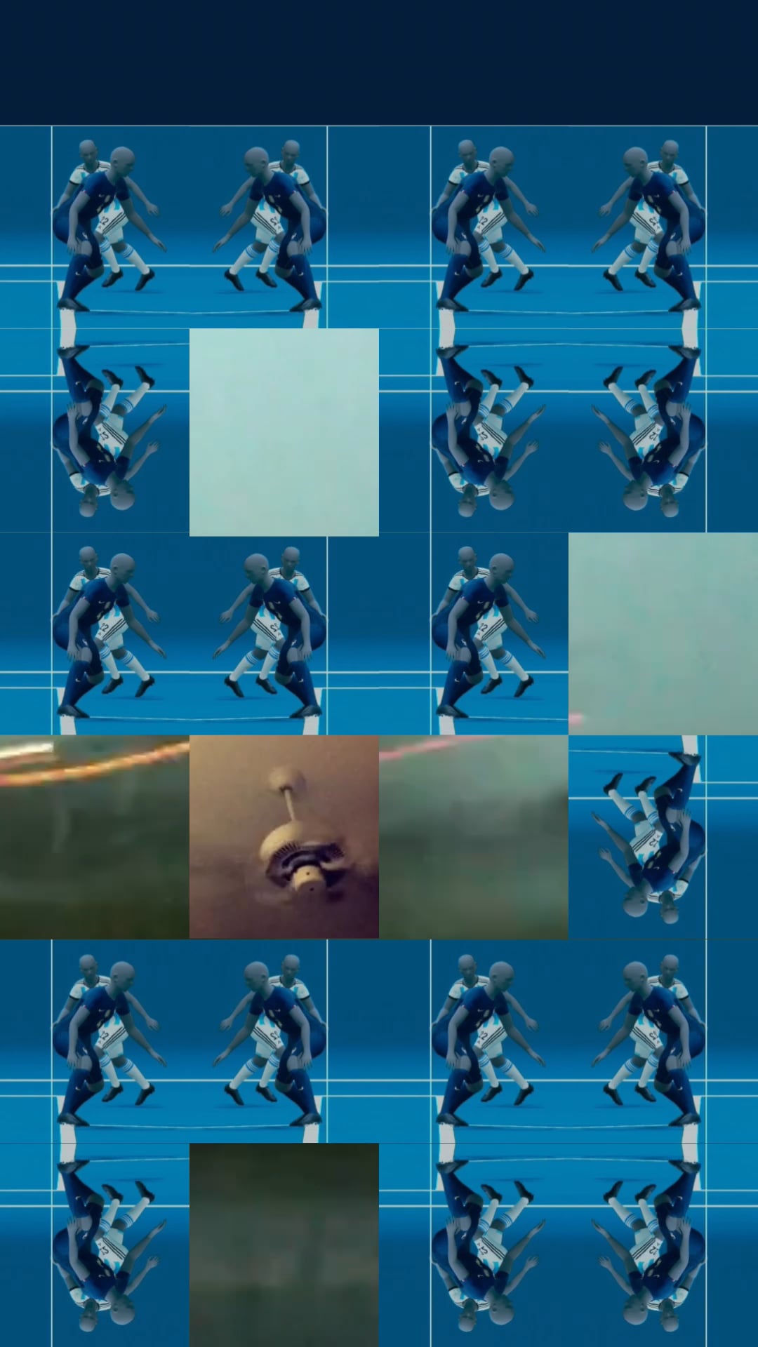 A repeating digital animation of soccer players mixed with abstract blocks and a ceiling fan image.
