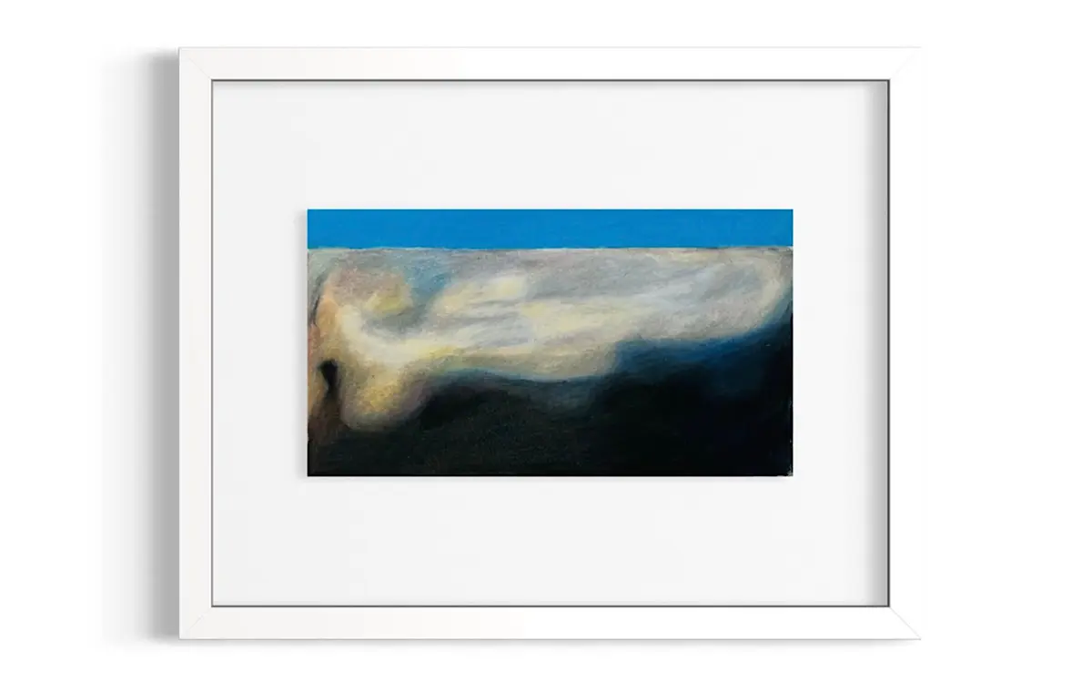 Soft, atmospheric landscape with blurred clouds over dark rolling hills.