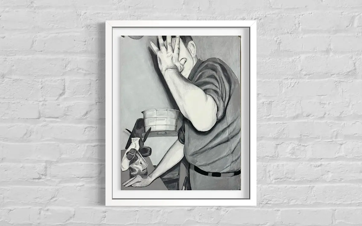 Black-and-white drawing of a person in profile with their hand covering their face beside a tabletop holding a glass jar with brushes and dark objects, and stacked containers behind it.