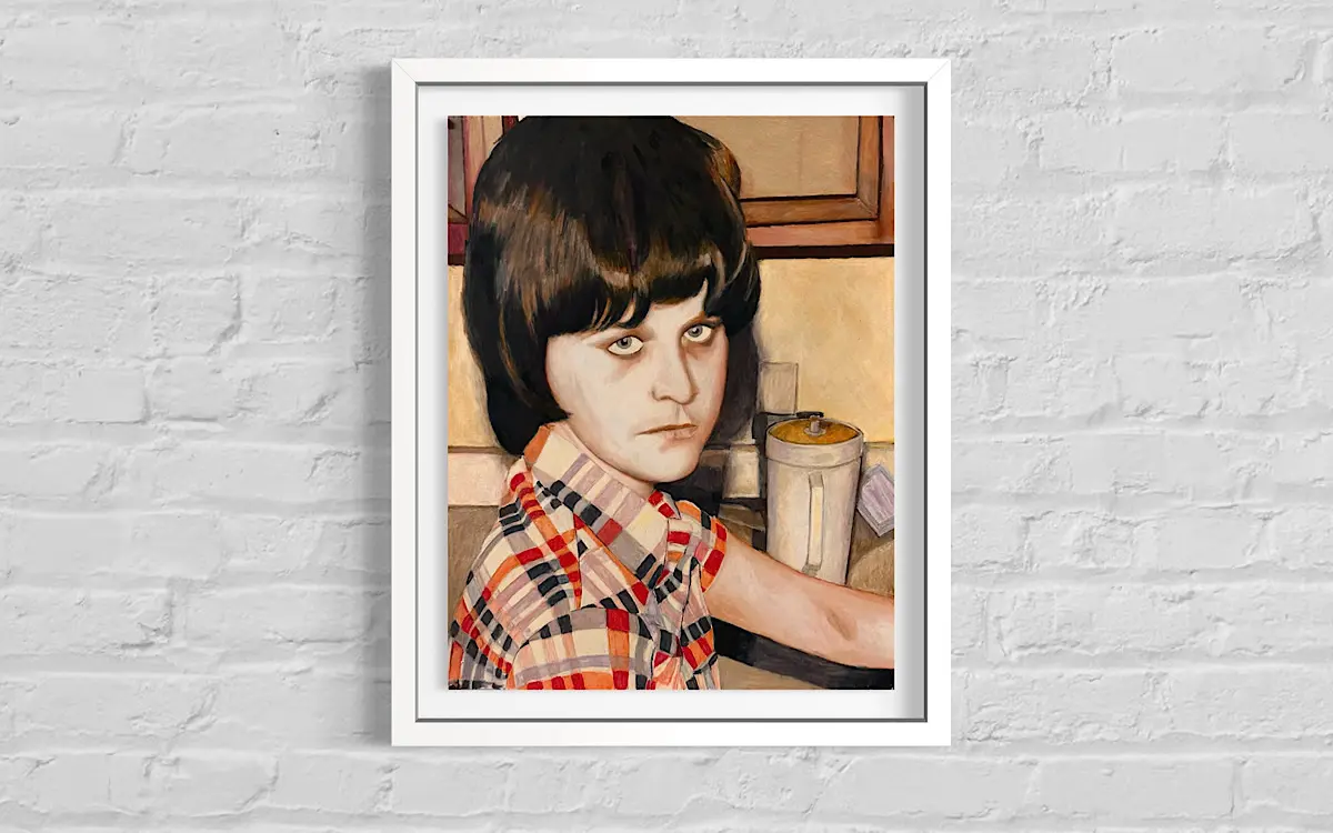 Alt text: portrait of a young woman standing by the sink, staring out at the viewer, a serious almost mad look. She’s wearing a red and black plaid shirt.