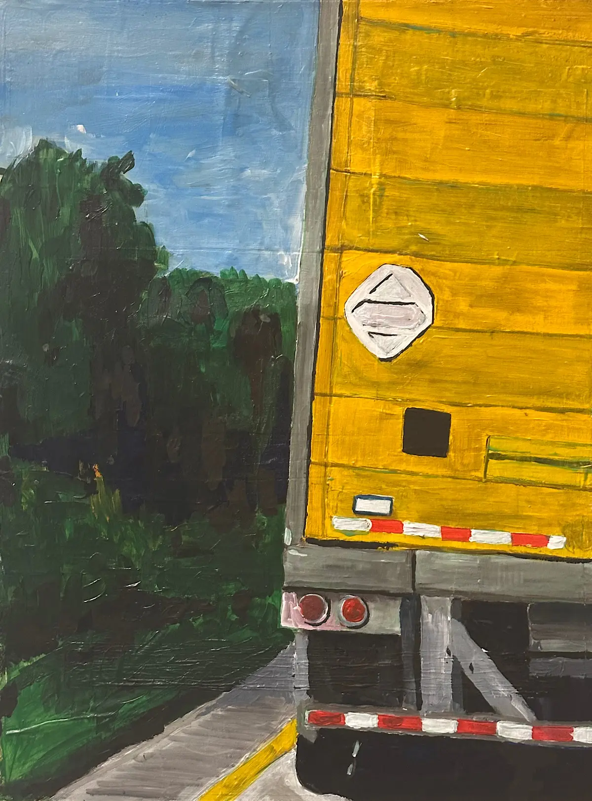 Painting of the rear of a bright yellow semi-trailer truck on a road beside a dense green forest under a blue sky.