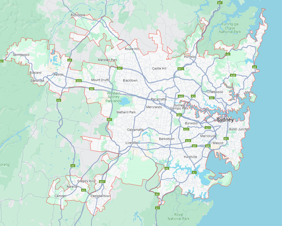 Map showing the our service area in Sydney
