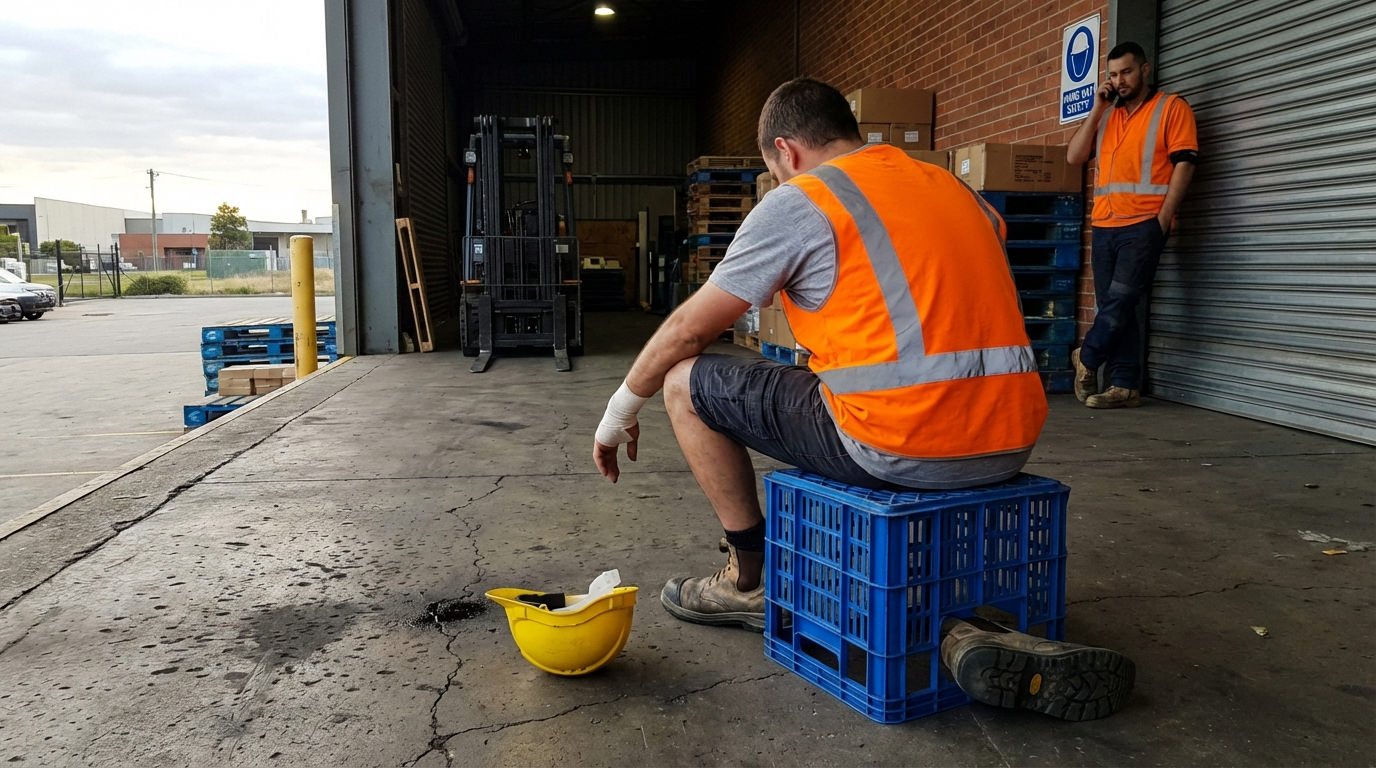 A worker with a bandaged wrist sitting on a crate outside a Western Sydney warehouse loading dock, hard hat on the ground beside them, while a coworker makes a phone call nearby