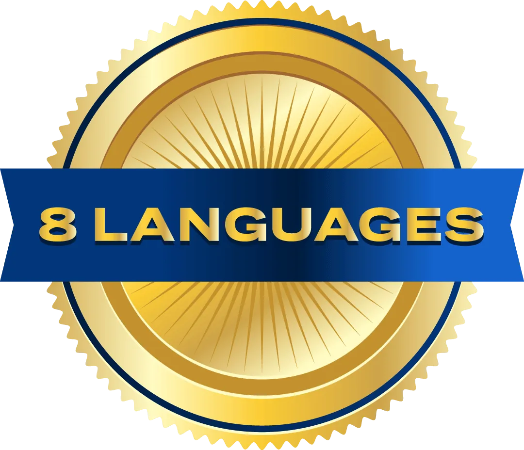 Badge to symbolise "We speak 8 languages".