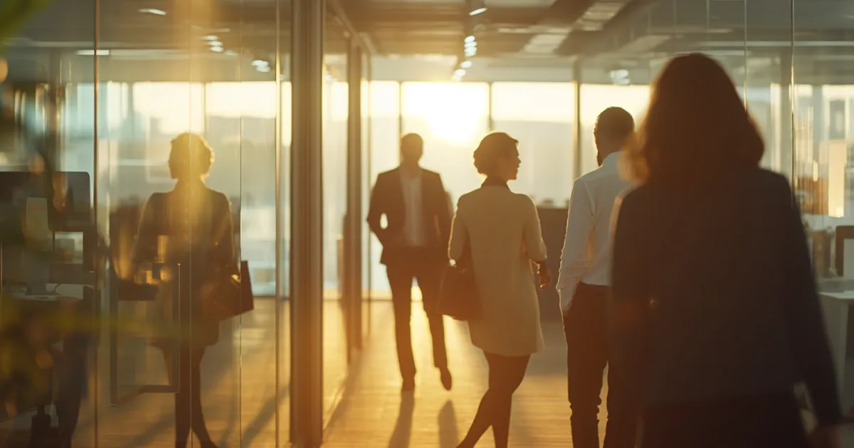 Team of coworkers in a workspace with sunrays coming through the windows