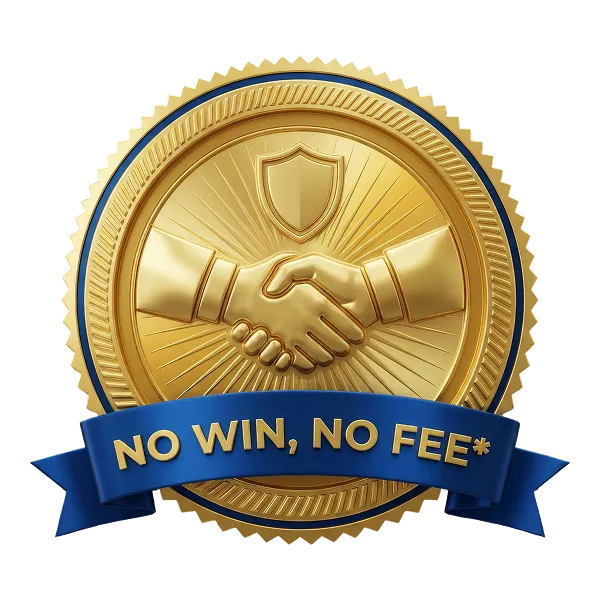 Gold seal with handshake graphic and a blue ribbon reading 'NO WIN, NO FEE*'.