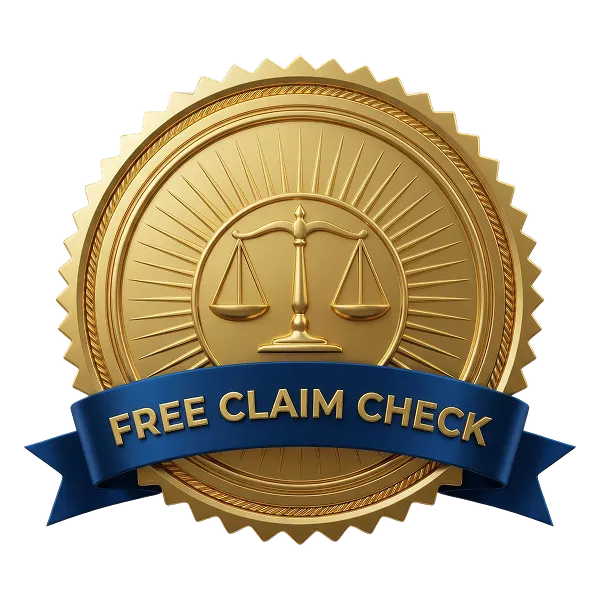 Gold seal badge with scales of justice symbol and blue ribbon reading 'FREE CLAIM CHECK'.