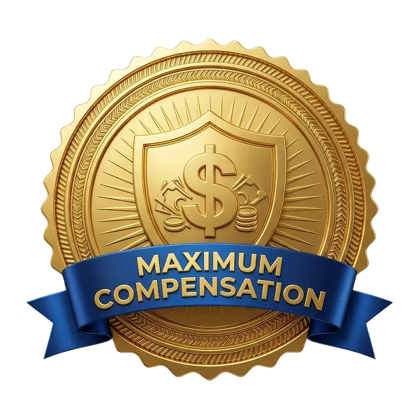 Gold embossed badge with dollar sign, money symbols, and a blue ribbon reading 'Maximum Compensation'.