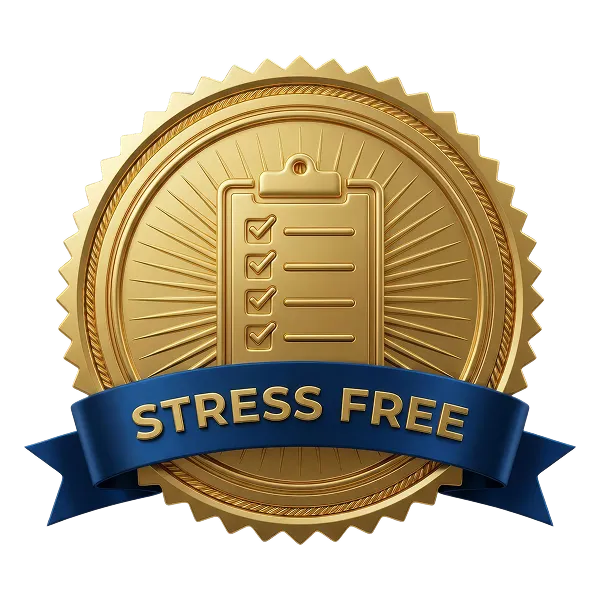 Gold seal with a checklist icon and a blue ribbon reading 'STRESS FREE'.