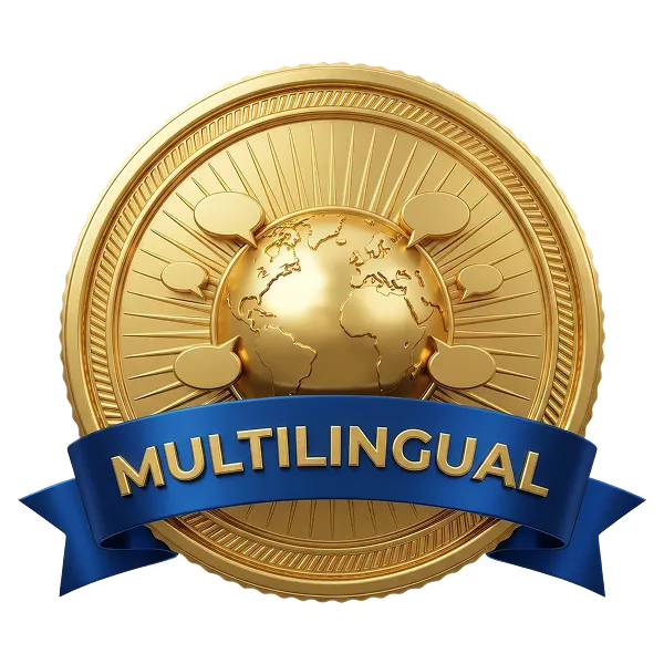 Gold medal with a globe in the center surrounded by speech bubbles and a blue ribbon reading 'MULTILINGUAL'.