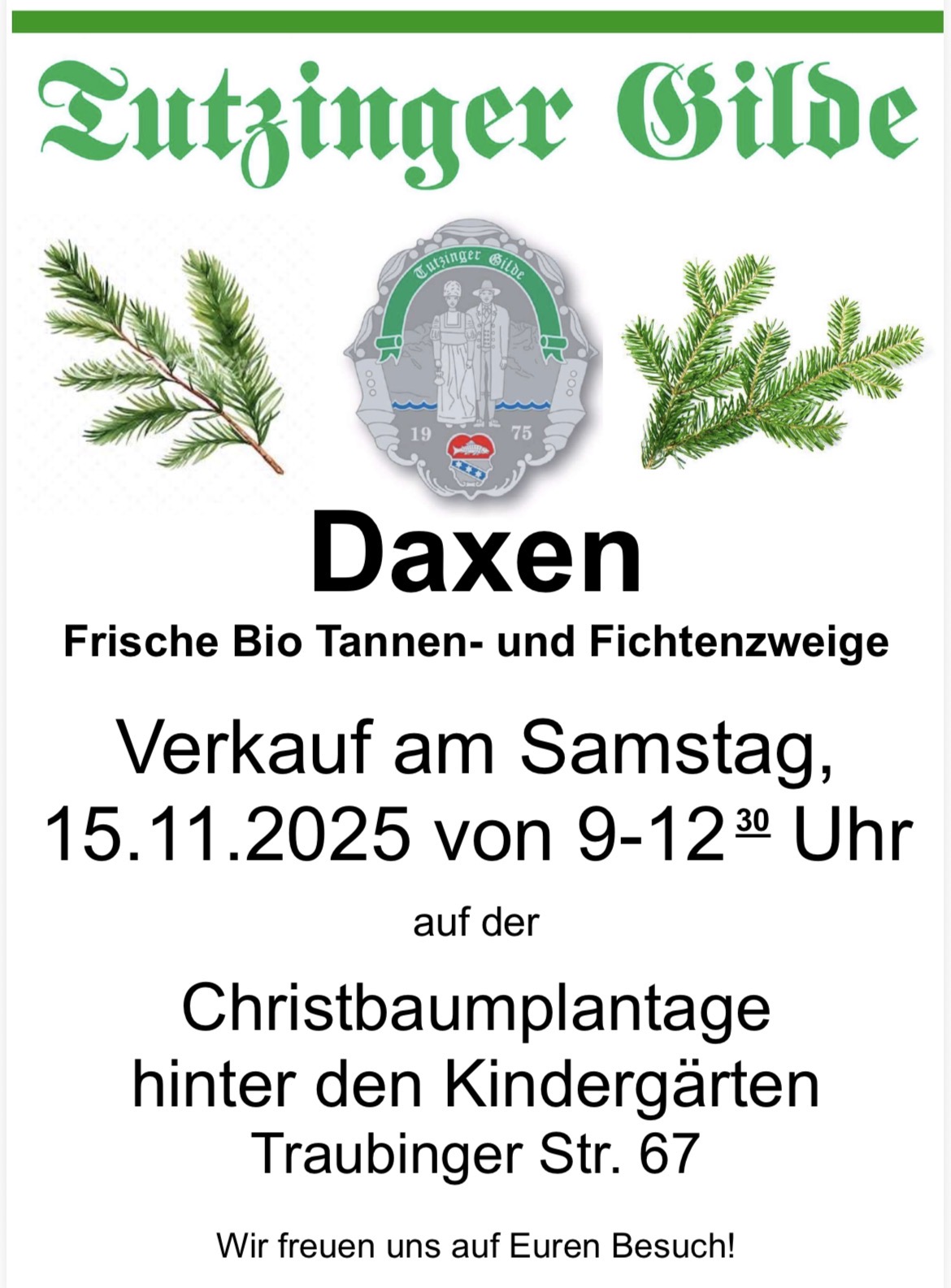 Plakat zum Jubiläums-Seefest der Tutzinger Gilde am 9. August 2025 im Bleicherpark. Anlass: 50 Jahre Heimat- und Volkstrachtenverein. Beginn um 13 Uhr mit Kaffee, Kuchen, Brotzeit, Fischspezialitäten und Bier. Musikalische Unterhaltung durch die Musikkapelle Fischen. Rahmenprogramm mit Kindertanzgruppe und traditionellem Fischwandl-Rennen.
