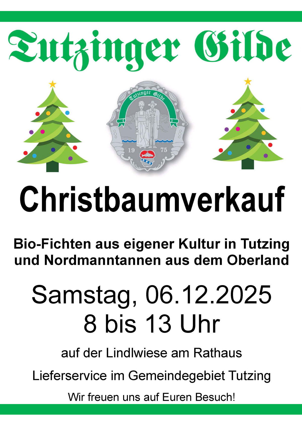 Plakat zum Jubiläums-Seefest der Tutzinger Gilde am 9. August 2025 im Bleicherpark. Anlass: 50 Jahre Heimat- und Volkstrachtenverein. Beginn um 13 Uhr mit Kaffee, Kuchen, Brotzeit, Fischspezialitäten und Bier. Musikalische Unterhaltung durch die Musikkapelle Fischen. Rahmenprogramm mit Kindertanzgruppe und traditionellem Fischwandl-Rennen.