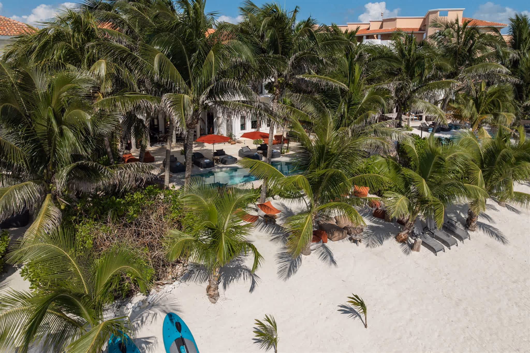Outdoor pool with clear blue water, surrounded by palm trees, beige cushioned seating, and ocean view in the background.