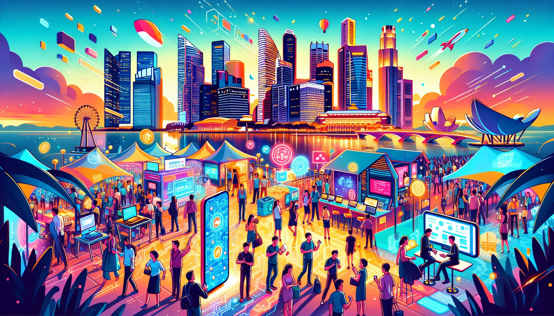 An illustration depicting the Singapore FinTech Festival, showcasing innovative fintech solutions.