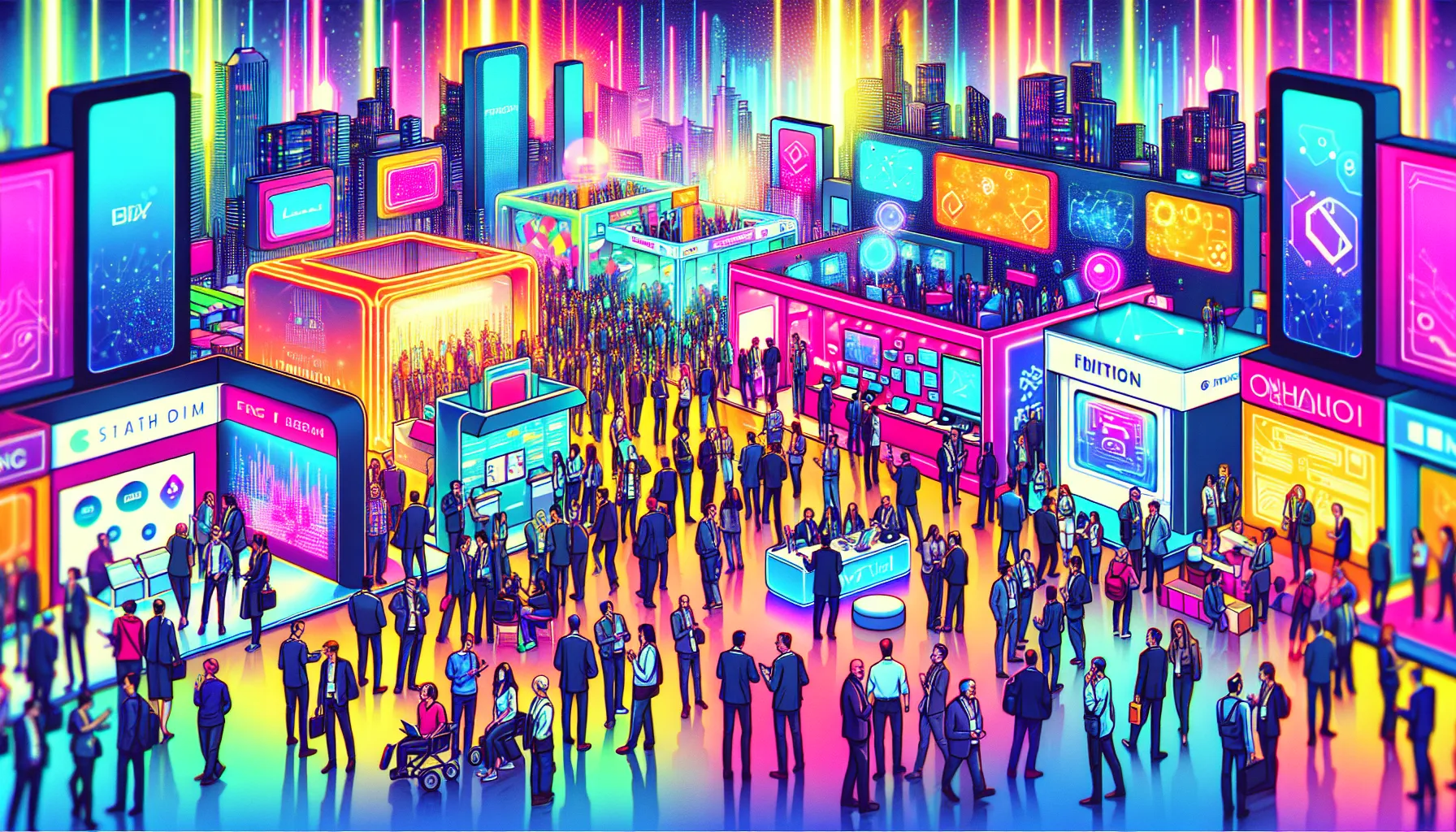 An illustration showcasing various technology zones and exhibitions at the fintech festival.