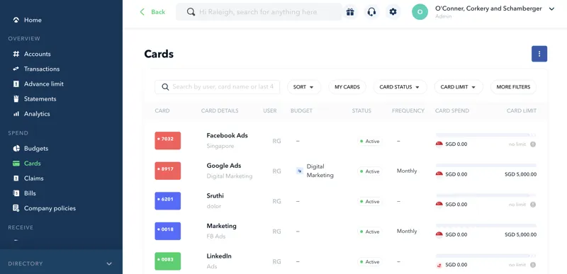 Aspire Dashboard with several virtual cards