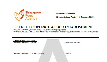 Singapore Food Agency License to Operate