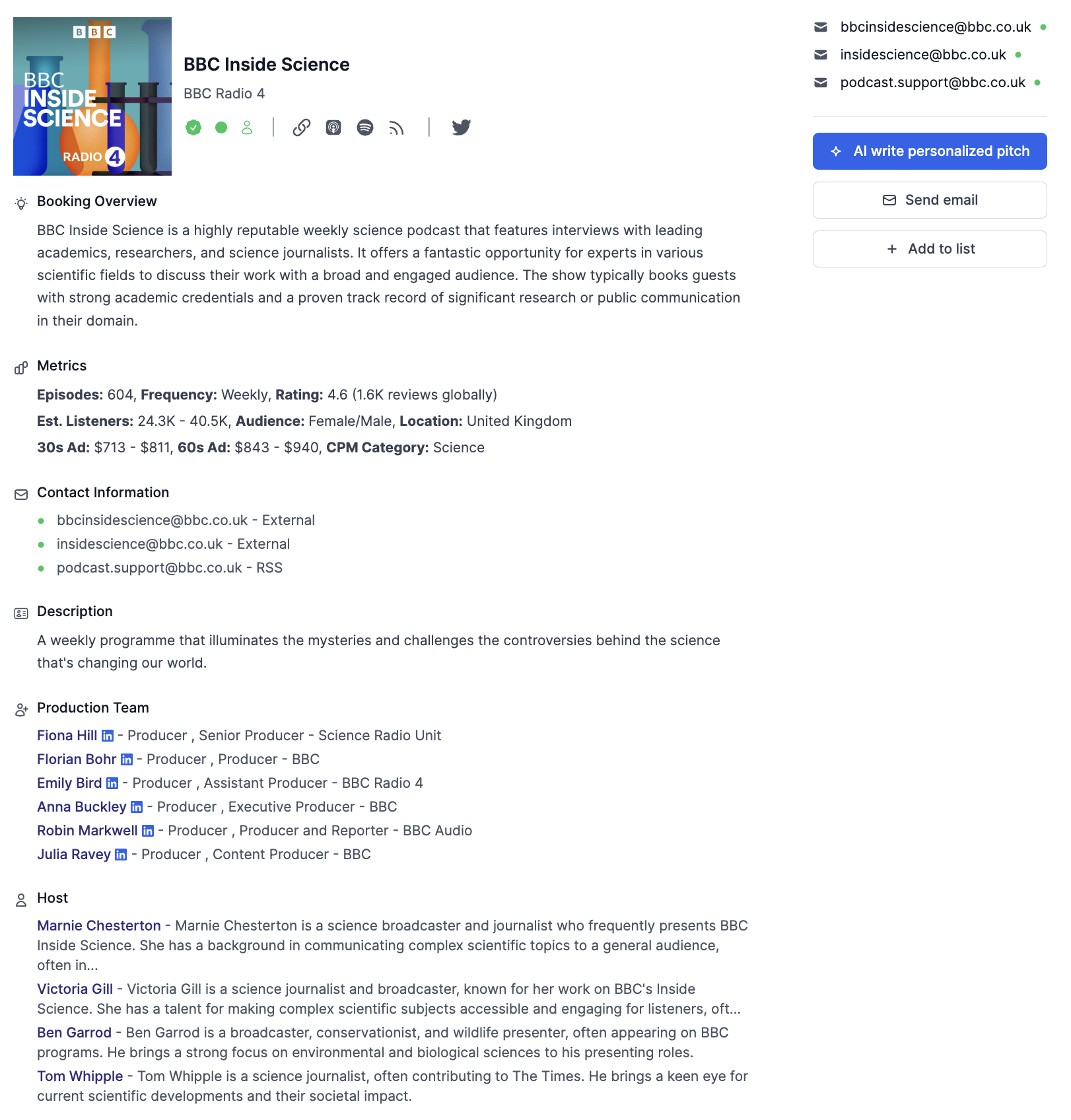 Screenshot of podcast information on Podseeker