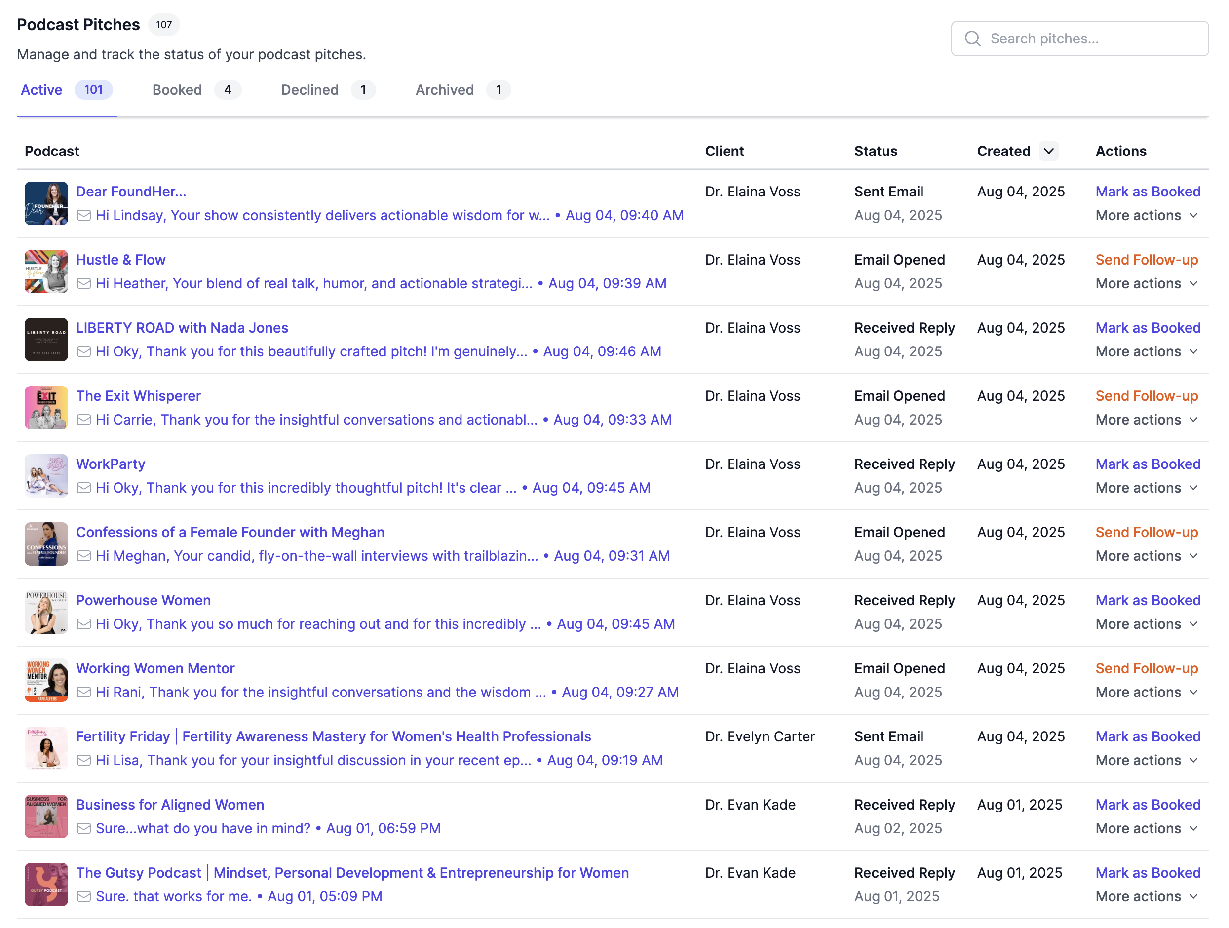Screenshot of Podseeker Pitches page