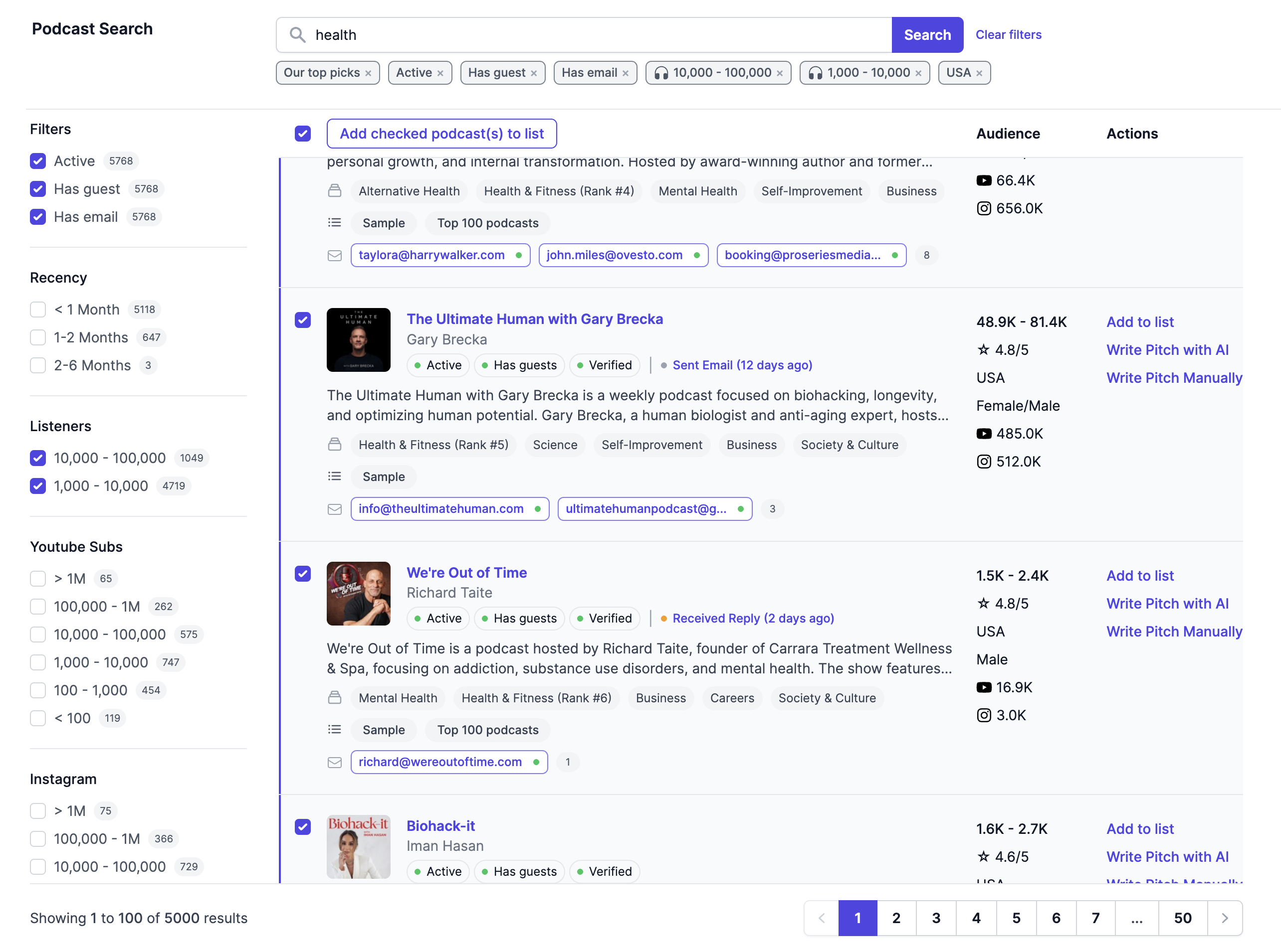 Screenshot of Podseeker search results