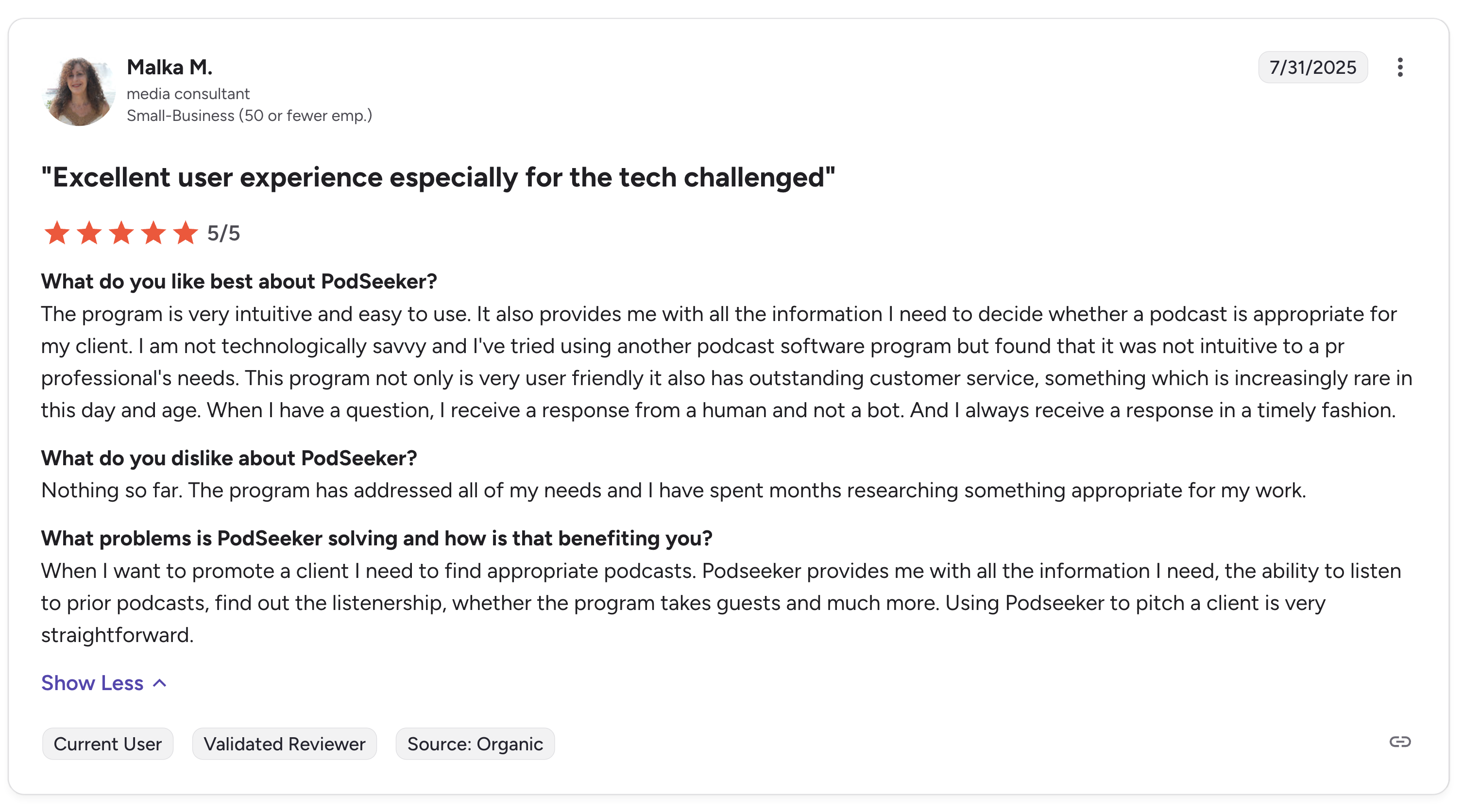 Screenshot of customer testimonial on G2