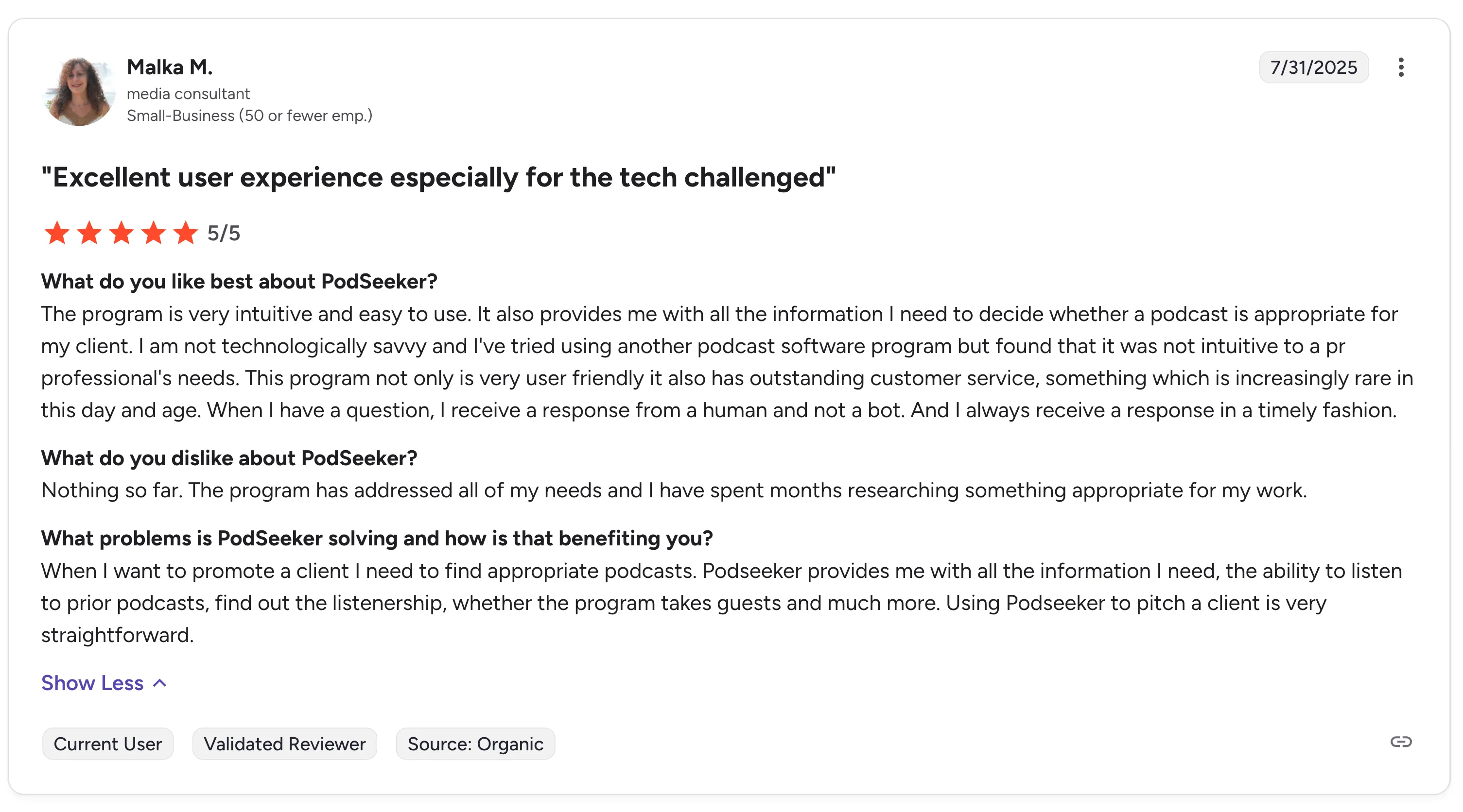 Screenshot of customer testimonial on G2