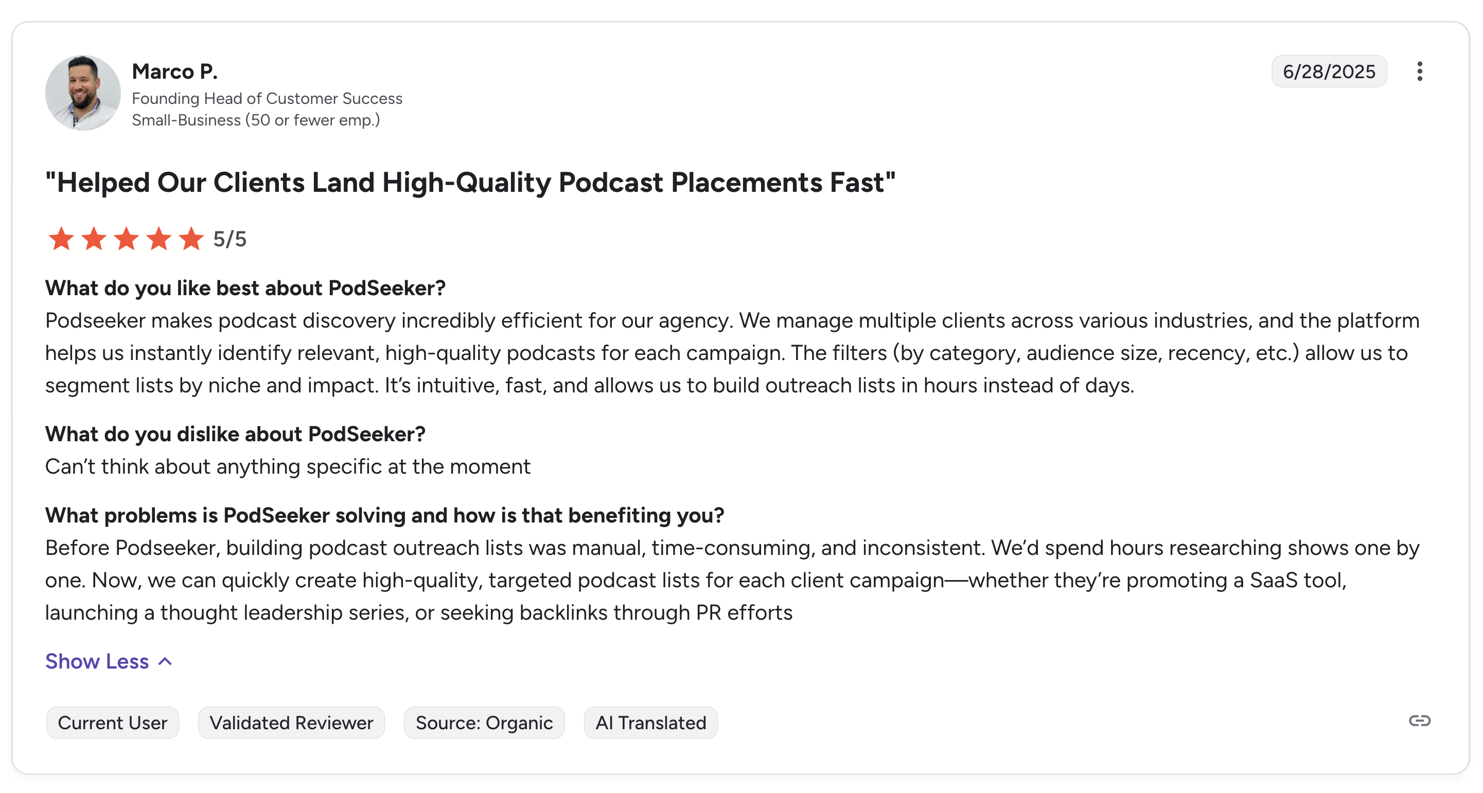 Screenshot of G2 testimonial of Podseeker