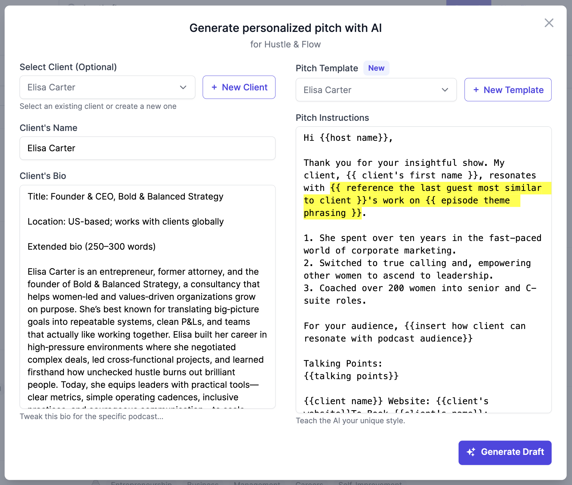 Screenshot of using AI to generate pitch