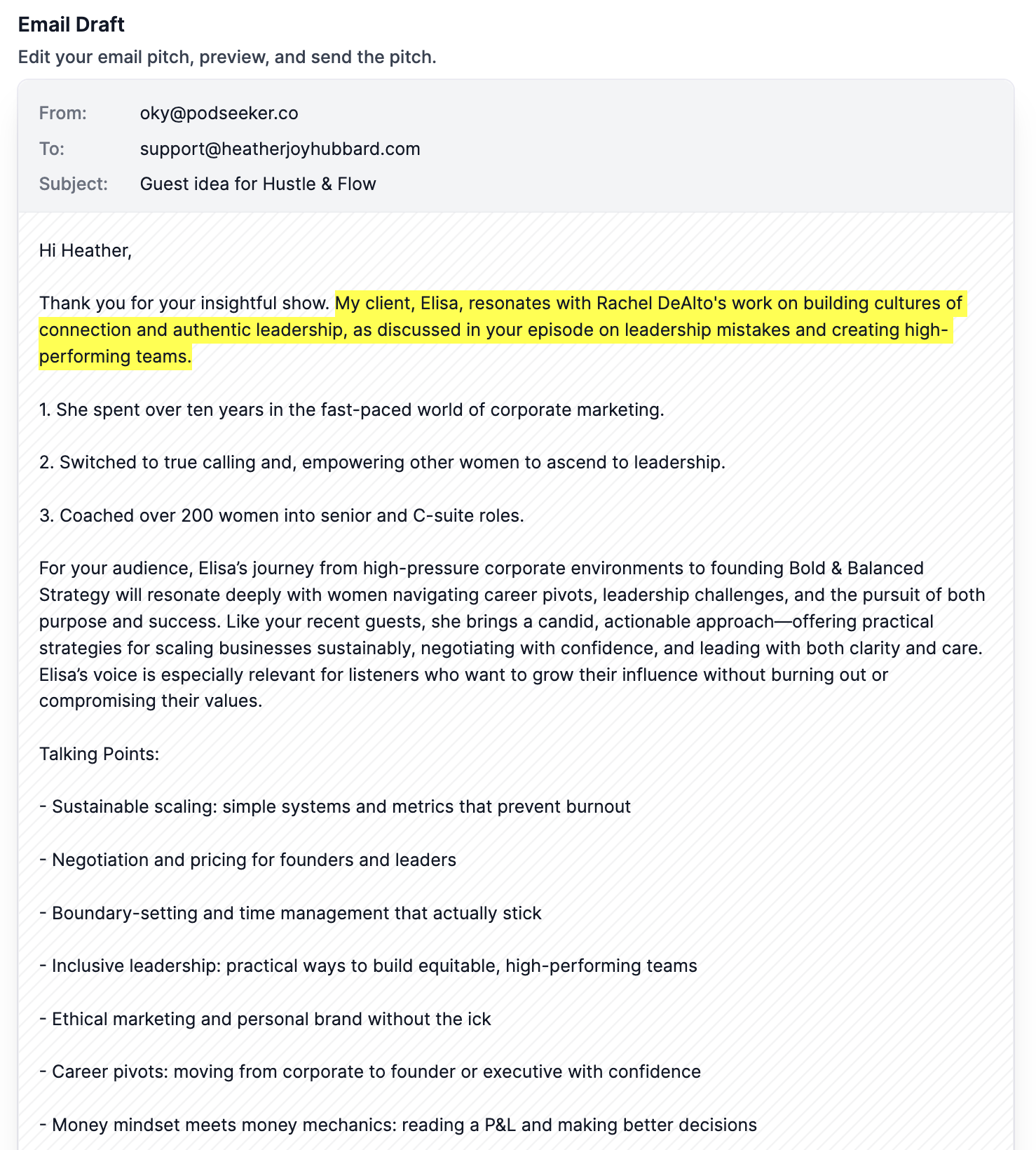 Screenshot of AI-generated pitch ready to be sent