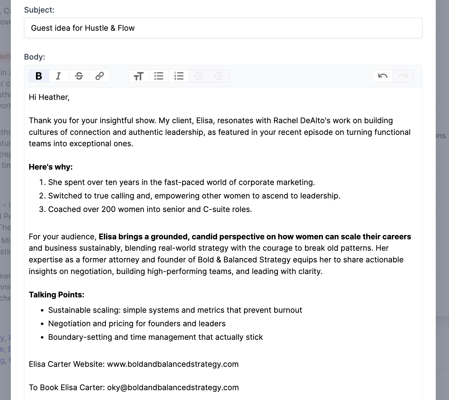 Screenshot of podcast pitch email draft